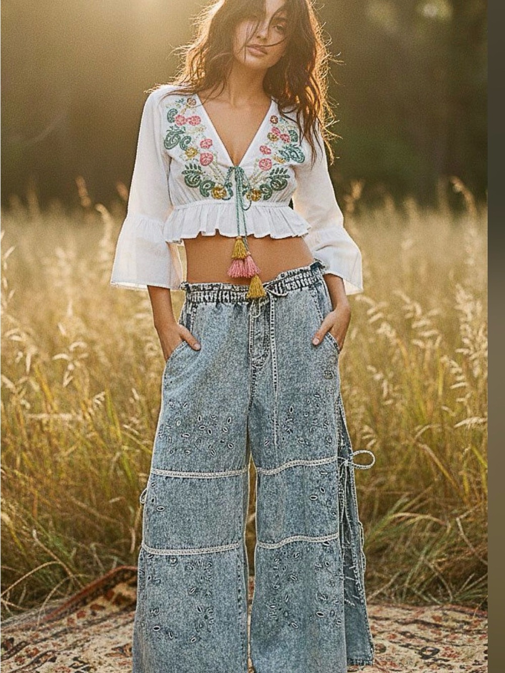 POL Embroidered White Boho Crop Top with Tassels